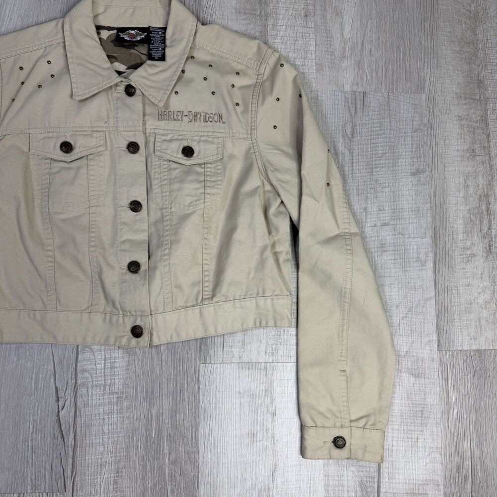 Harley Davidson Jacket Women’s Size XL Khaki Tan Studded Dazzle Cropped Biker J - Picture 3 of 13